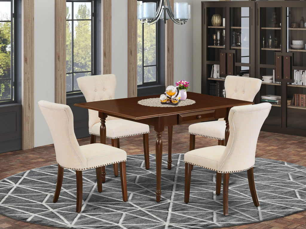 MZGA5-ZVI-OO 5 Piece Set with Drop Leaf Table & Beige Linen Parson Chairs, Mahogany Finish