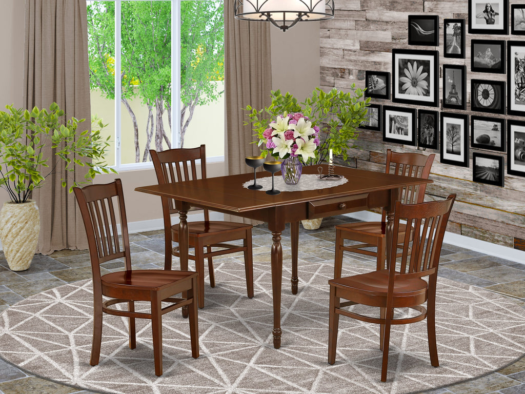 Dining Set MZGR5-ONH-J 5-Piece Table with Dropleaf & 4 Chairs in Warm Mahogany, 36x54 Inch