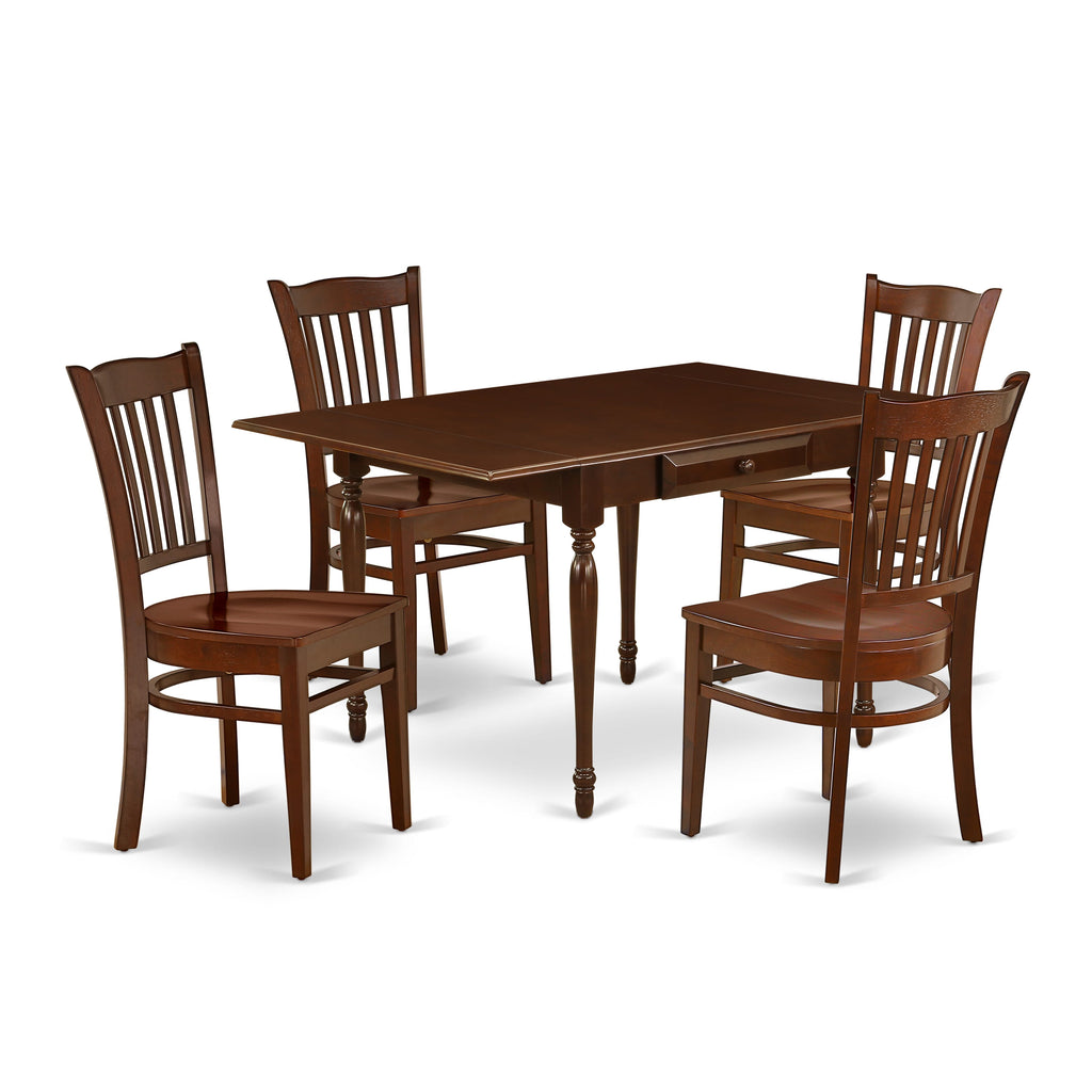 Dining Set MZGR5-ONH-J 5-Piece Table with Dropleaf & 4 Chairs in Warm Mahogany, 36x54 Inch