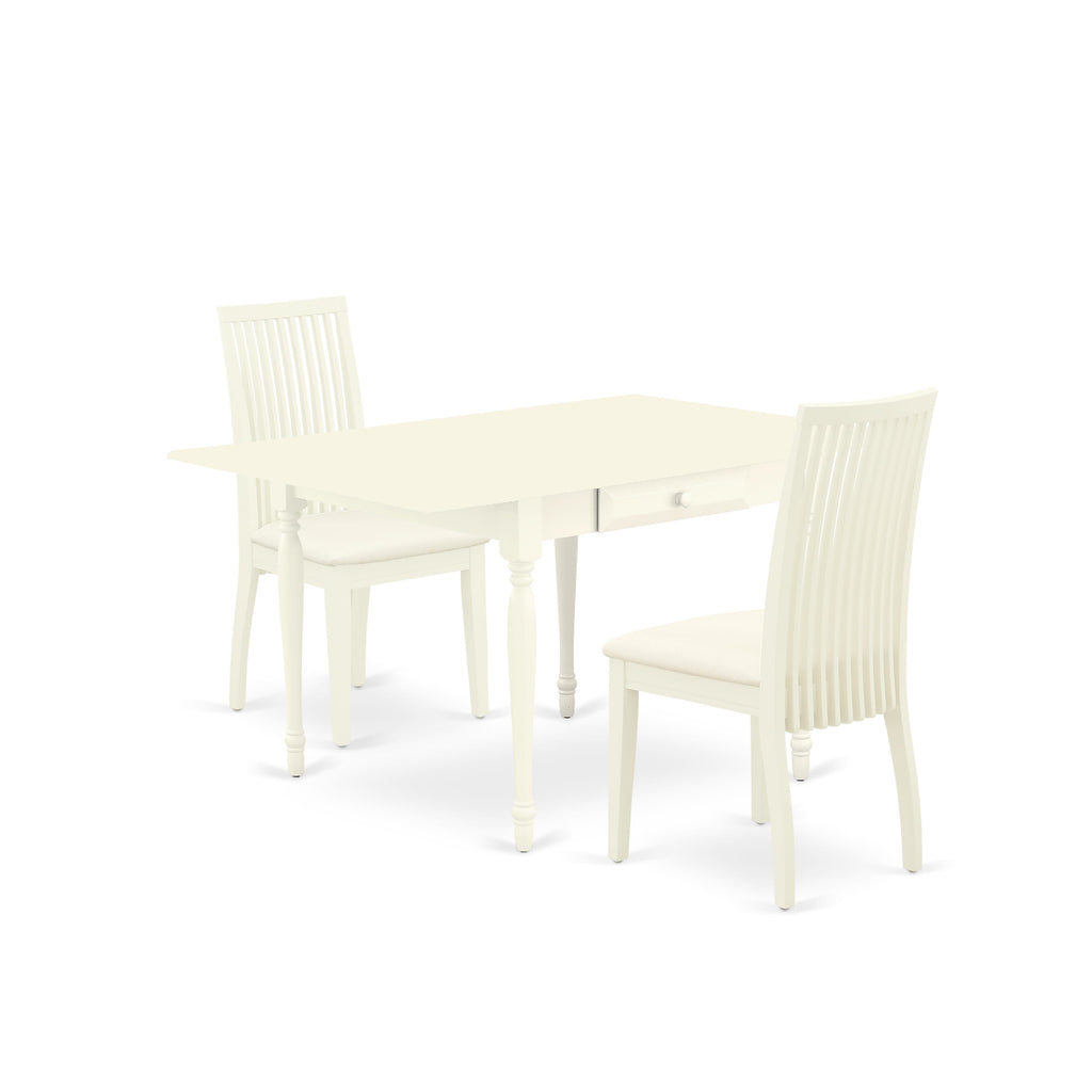 MZIP3-TA2-R 3pc Dropleaf 36x54 Dining Set with Rectangular Table & Linen Covered Chairs in White