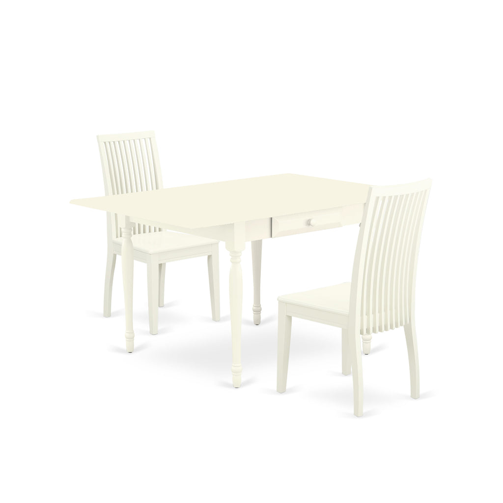 MZIP3-NUH-R Compact 3-Piece Dining Room Set with Leaf Expansion and Pair of Chairs Linen White Finish