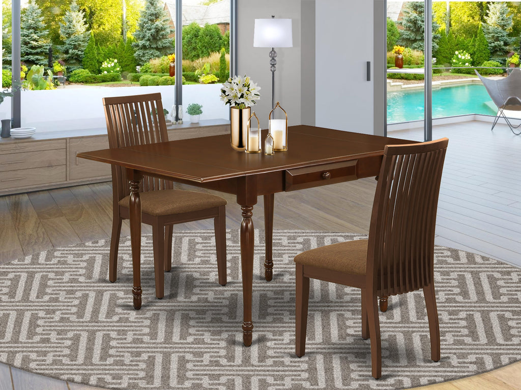 MZIP3-H6G-Q 36x54 Rectangular Dining Set with Dropleaf & Upholstered Chairs for Compact Spaces, Warm Mahogany