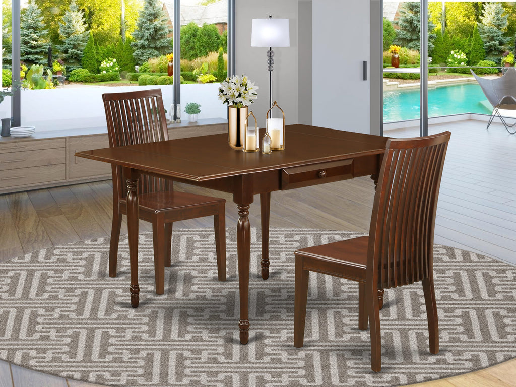 MZIP3-HE7-2 Elegant 3-Piece Dining Set with Rectangular Drop Leaf Table and Two Chairs, Mahogany, 36x54 Inches