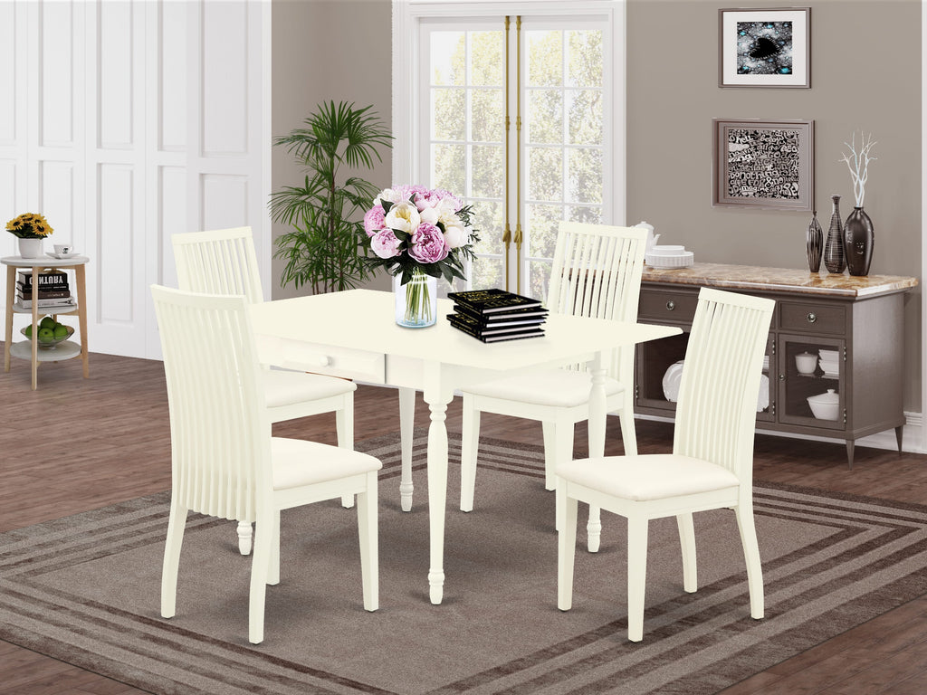 MZIP5-I6V-N 5-Piece Dining Set Rectangle Table with Dropleaf & 4 Upholstered Chairs, 36x54 Linen-White