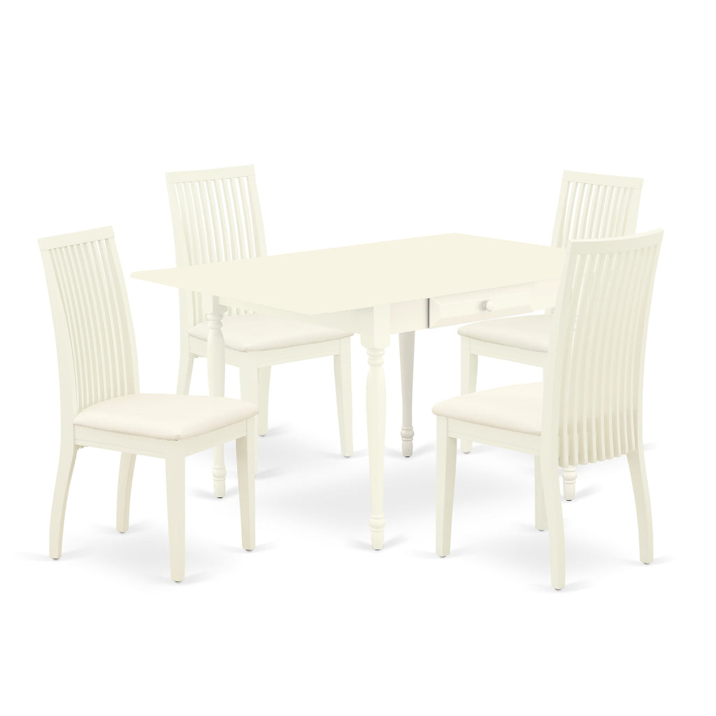 MZIP5-I6V-N 5-Piece Dining Set Rectangle Table with Dropleaf & 4 Upholstered Chairs, 36x54 Linen-White
