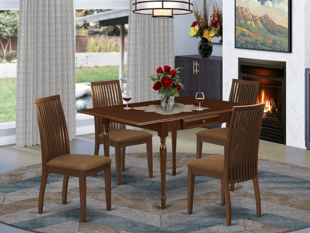 MZIP5-4XV-6 5 Piece Mahogany Dining Ensemble Dropleaf Table with 4 Linen Upholstered Chairs, 36x54 Inches