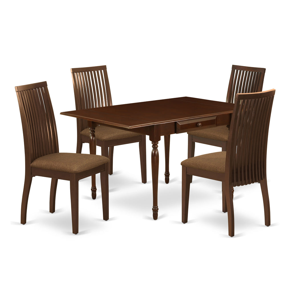 MZIP5-4XV-6 5 Piece Mahogany Dining Ensemble Dropleaf Table with 4 Linen Upholstered Chairs, 36x54 Inches