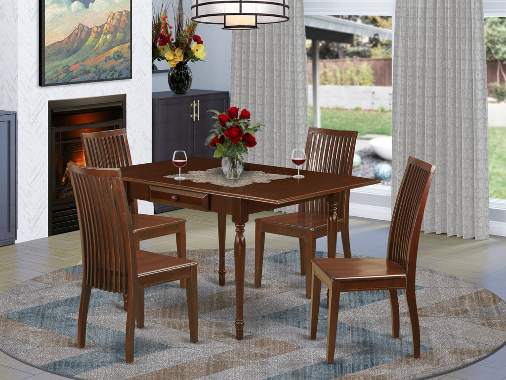 MZIP5-0SL-0 Rectangular Dropleaf Dining Ensemble - 5pcs, Mahogany Finish, 36x54
