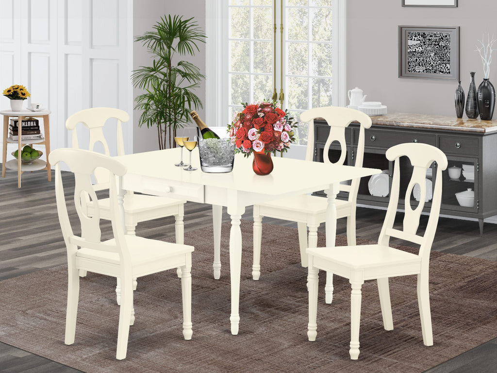 MZKE5-O7N-K 5-Piece Dining Ensemble with Rectangular Table Featuring Dropleaf and 4 Chairs, 36x54, Soft Linen Finish