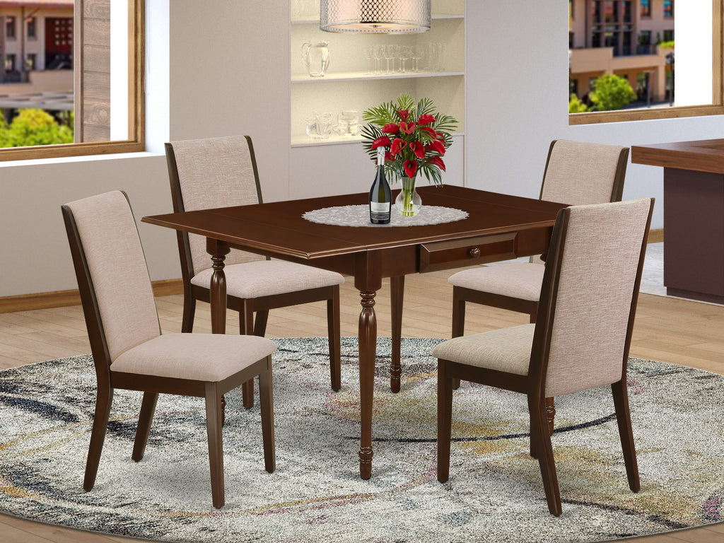 MZLA5-I1S-L6 - Elegant 5-Piece Dining Ensemble with Space-Saving Table and Linen Chairs, Mahogany Finish