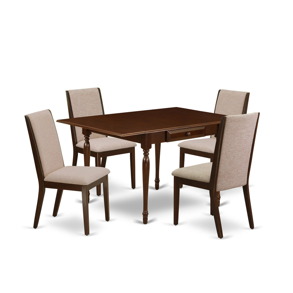 MZLA5-I1S-L6 - Elegant 5-Piece Dining Ensemble with Space-Saving Table and Linen Chairs, Mahogany Finish