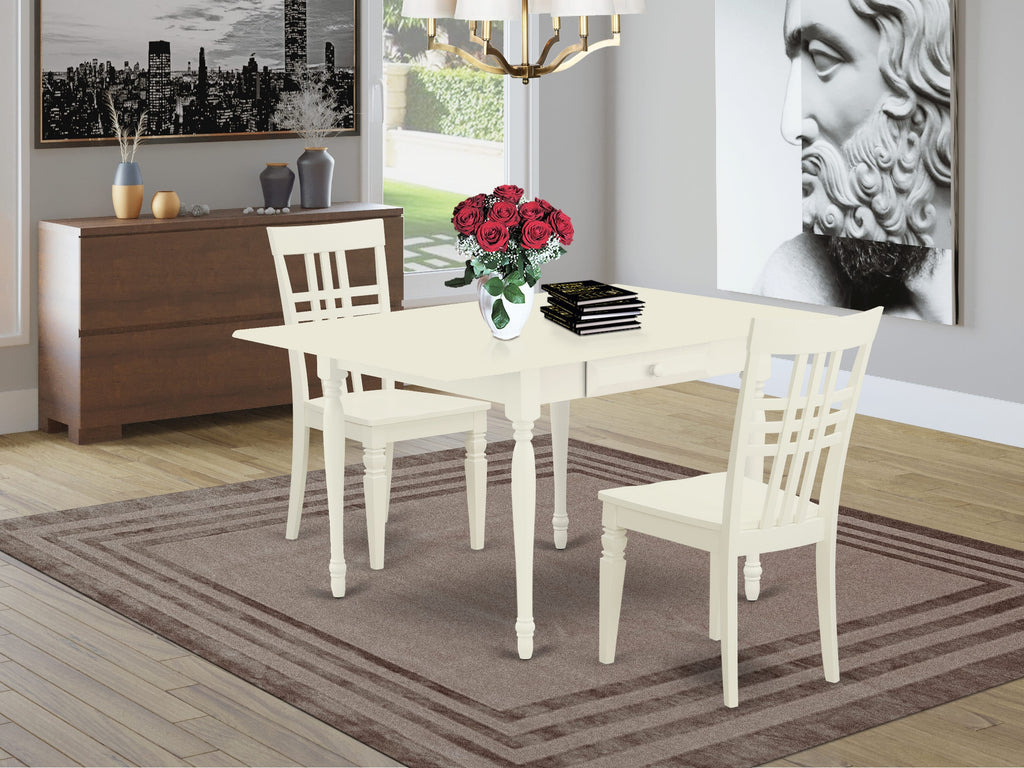 Dining Harmony Set MZLG3-J77-9 Rectangle Table with Drop Leaf & 2 Chairs Wood Seats, 3 Piece, 36x54 in Soft White