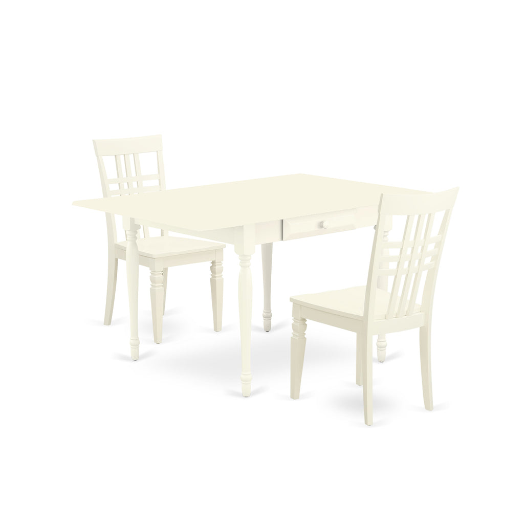 Dining Harmony Set MZLG3-J77-9 Rectangle Table with Drop Leaf & 2 Chairs Wood Seats, 3 Piece, 36x54 in Soft White