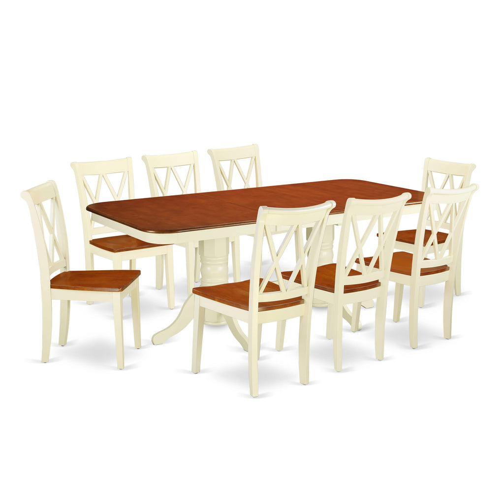 NACL9-04O-1 Set 9-Piece Dining Ensemble with Expanding Table and 8 Chairs in Buttermilk & Cherry