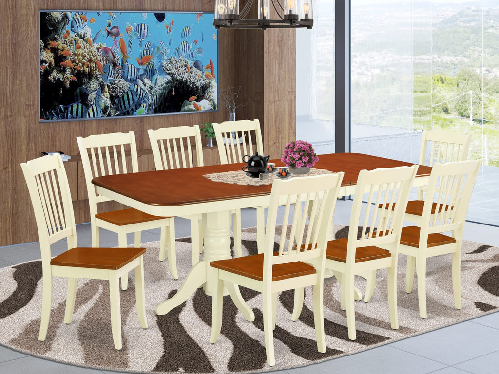 NADA9-XRP-O 9 Piece Dining Room Ensemble with Expansive Table and Chic Chairs, 40x78 Inch, Buttermilk & Cherry Finish