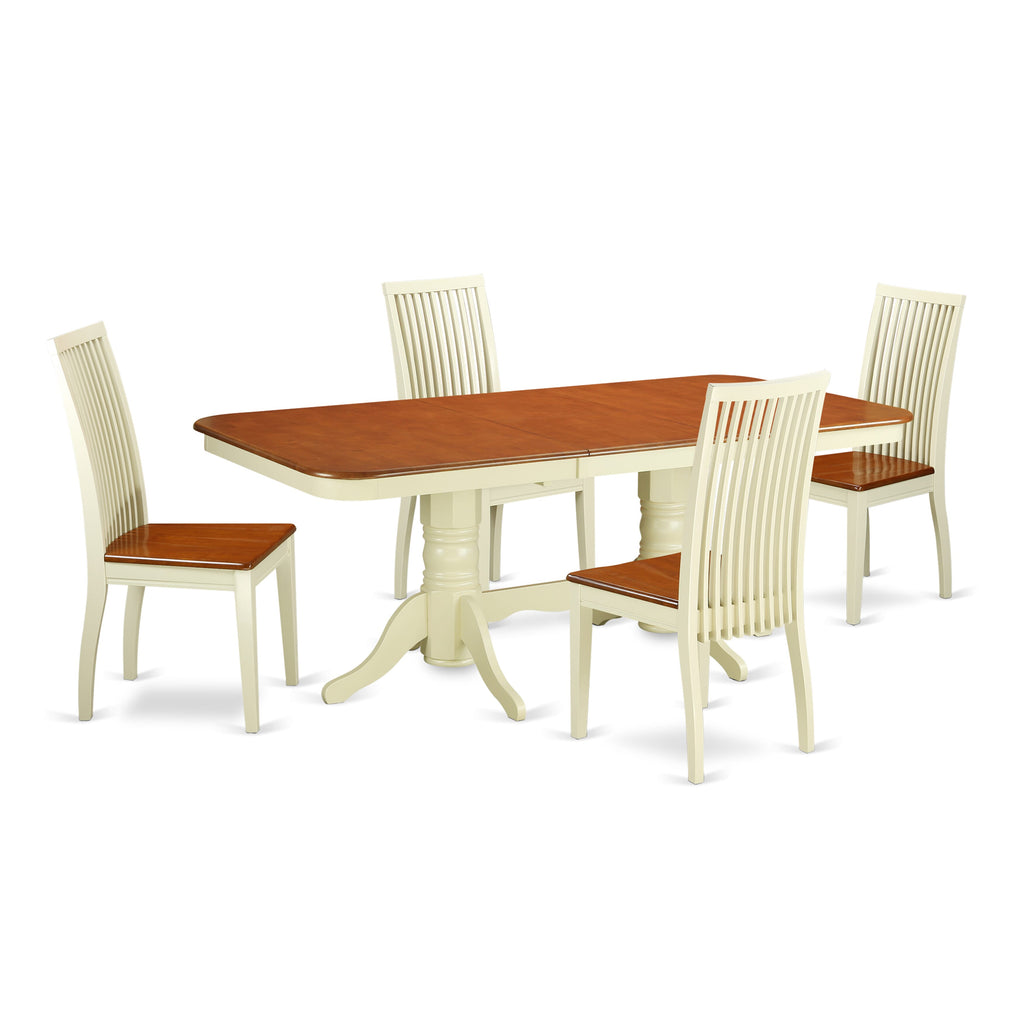 NAIP5-L2A-T Dining Ensemble 5-Piece Set with Spanning Leaf Table and 4 Wood Seat Chairs, Warm Buttermilk & Cherry, 40x78