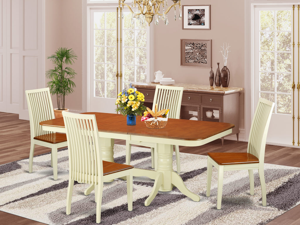 NAIP5-L2A-T Dining Ensemble 5-Piece Set with Spanning Leaf Table and 4 Wood Seat Chairs, Warm Buttermilk & Cherry, 40x78
