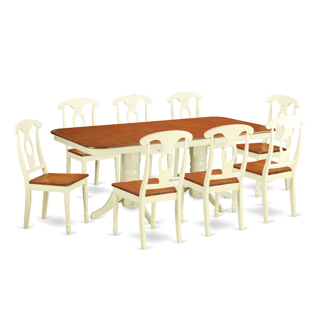 NAKE9-VPB-N 9 Piece Dining Set with Rectangle Butterfly Leaf Table & 8 Chairs, Buttermilk & Cherry Finish