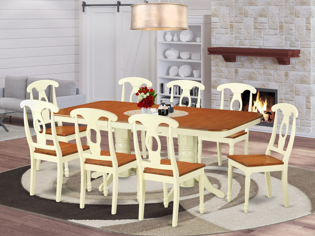NAKE9-VPB-N 9 Piece Dining Set with Rectangle Butterfly Leaf Table & 8 Chairs, Buttermilk & Cherry Finish