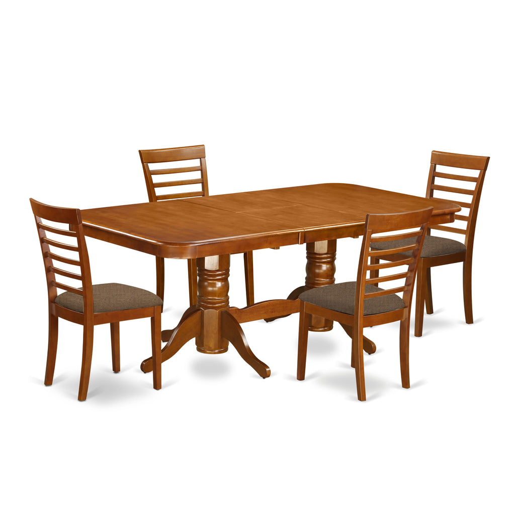 NAML5-VCJ-8 5-Piece Rustic Dining Ensemble with Expandable Table and Upholstered Chairs in Rich Saddle Finish