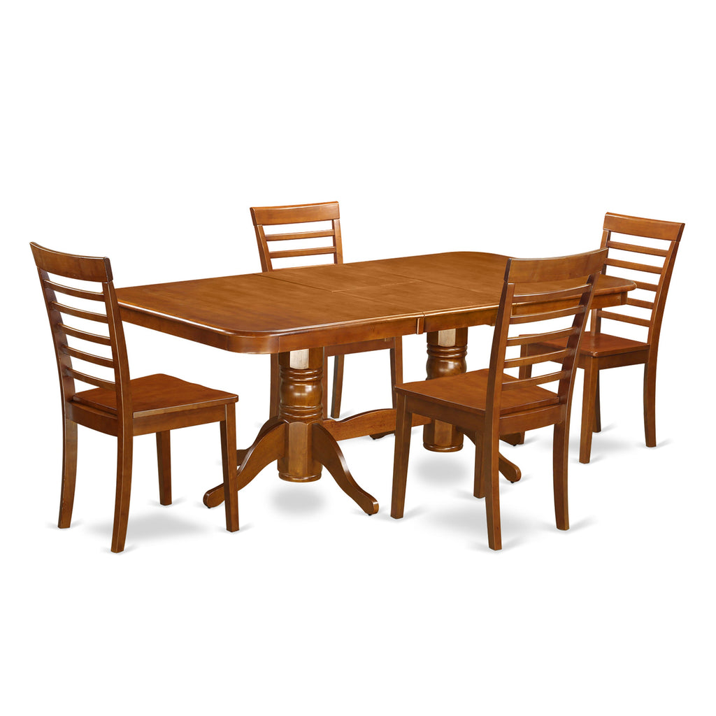 NAML5-JL0-8 5-Piece Set Rectangular Table w/ Extension Leaf & 4 Dining Seats, Warm Saddle Brown
