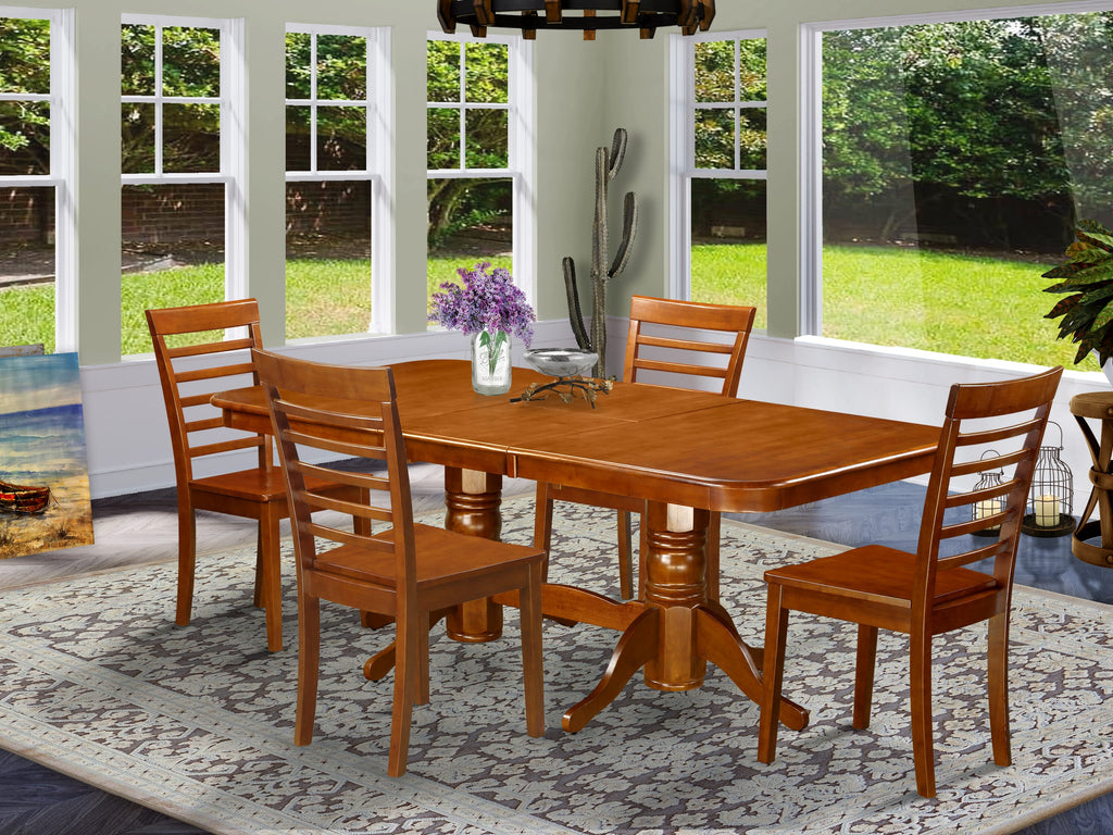 NAML5-JL0-8 5-Piece Set Rectangular Table w/ Extension Leaf & 4 Dining Seats, Warm Saddle Brown