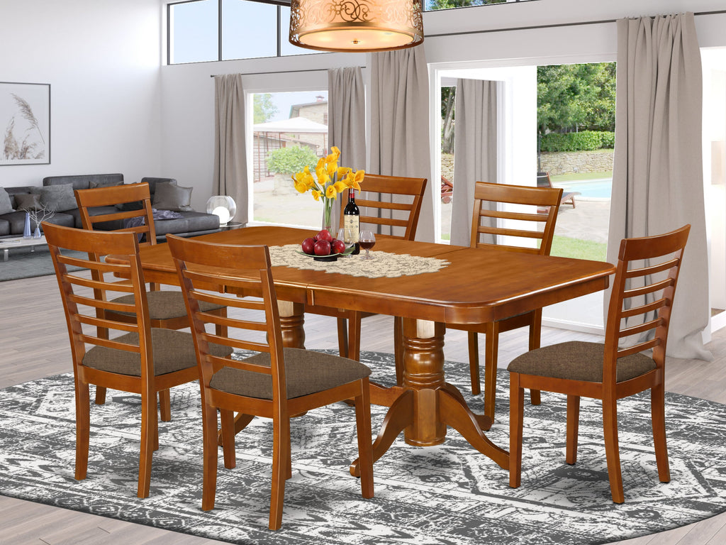 NAML7-31O-K Elegant Dining Ensemble with Expanding Table & 6 Cozy Upholstered Seats, Rich Saddle Hue
