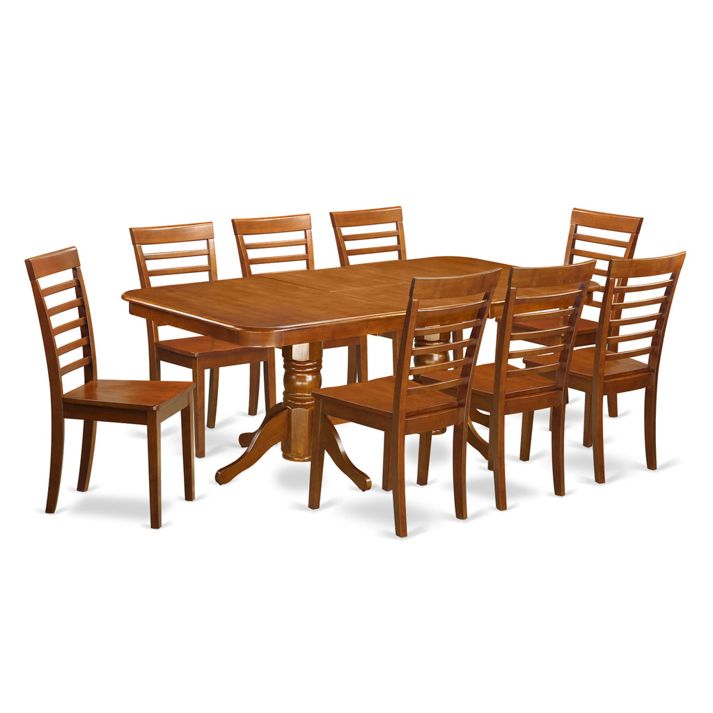 NAML9-VLZ-3 9-Piece Dining Ensemble with Butterfly Leaf Table and 8 Chairs, Saddle Brown Finish