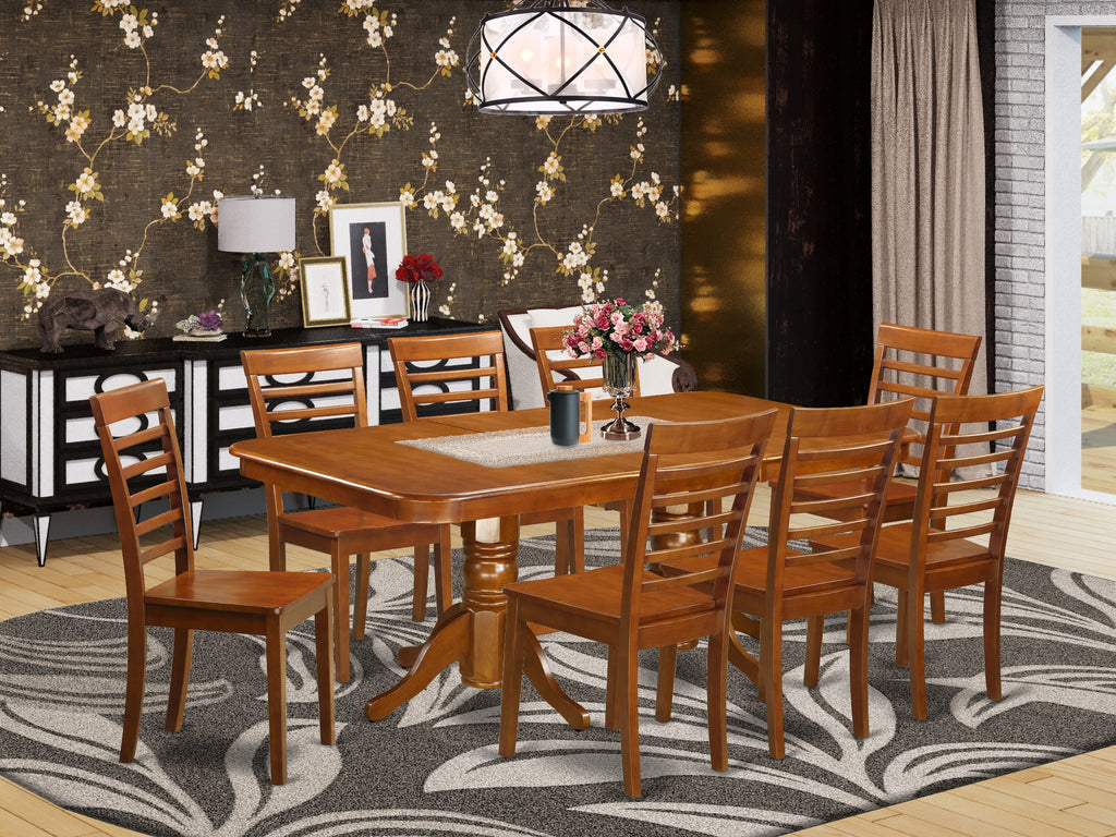NAML9-VLZ-3 9-Piece Dining Ensemble with Butterfly Leaf Table and 8 Chairs, Saddle Brown Finish