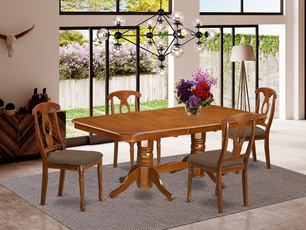 NANA5-8TQ-2 Elegant 5 Piece Dining Ensemble Rectangular Wood Table with Extension & Cozy Linen Seats, Saddle Brown Finish