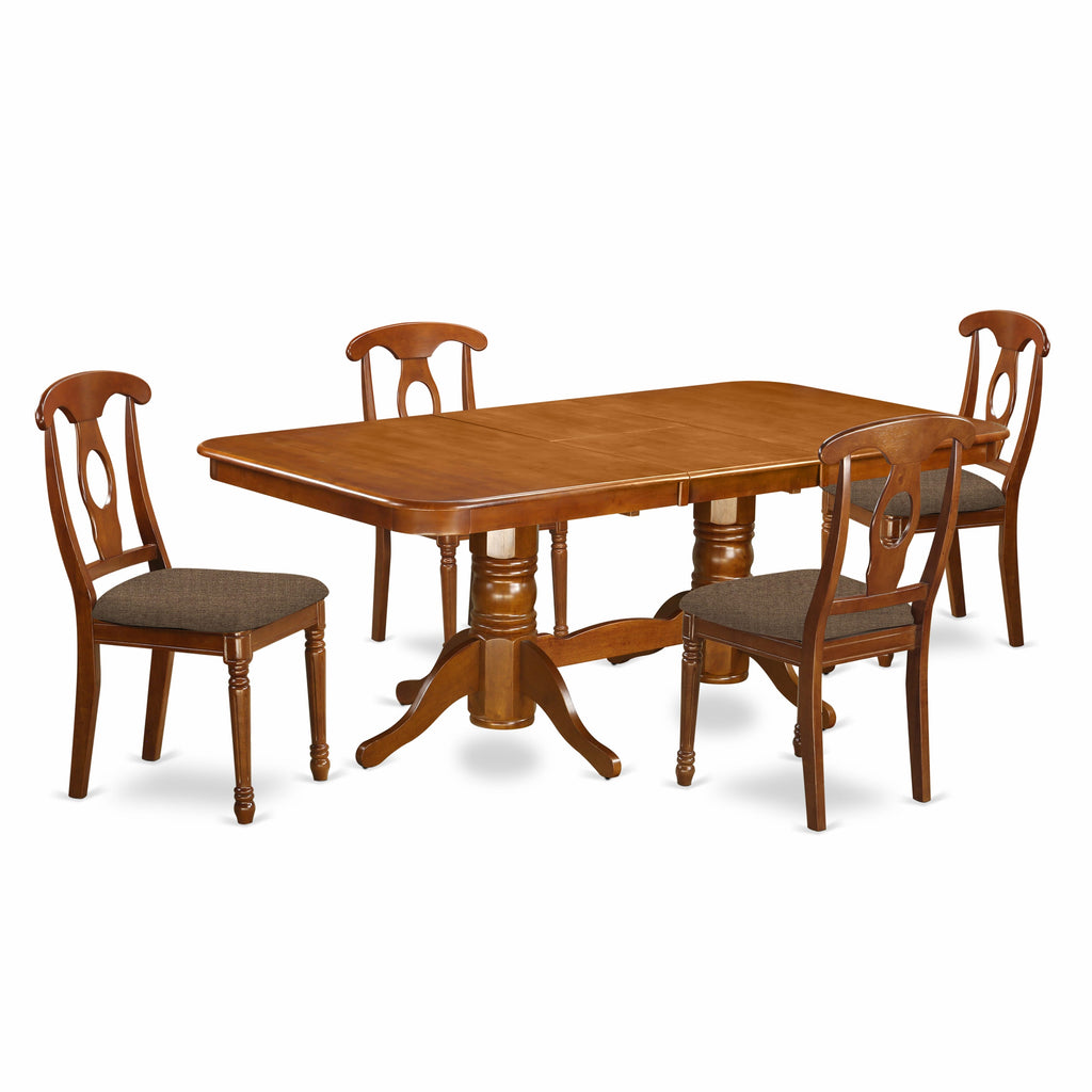NANA5-8TQ-2 Elegant 5 Piece Dining Ensemble Rectangular Wood Table with Extension & Cozy Linen Seats, Saddle Brown Finish