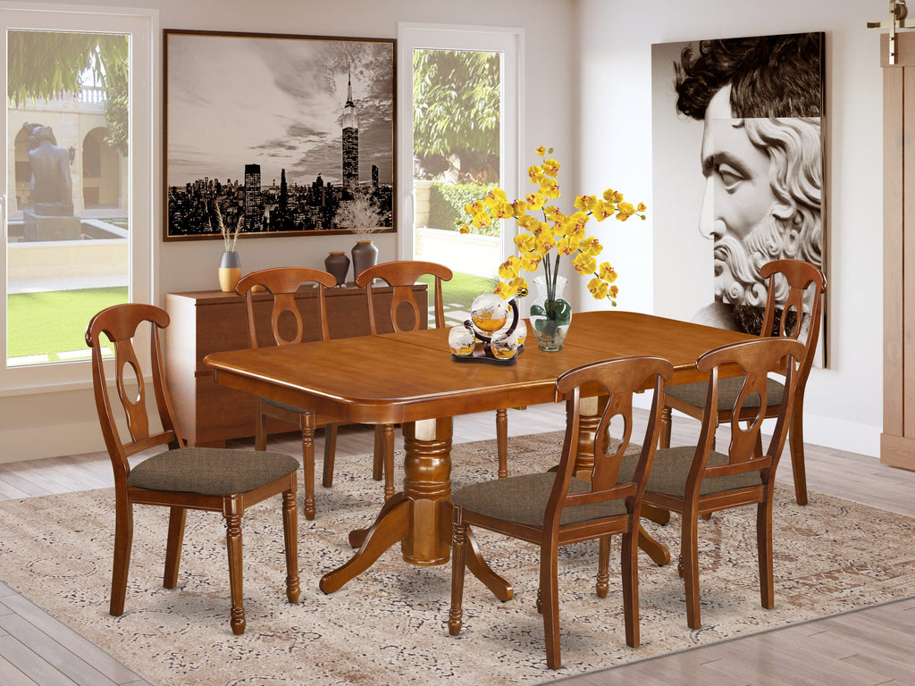 NANA7-249-C 7-Piece Dining Set Rectangular Table with Butterfly Feature & 6 Upholstered Seats, 40x78 in Warm Saddle Tone