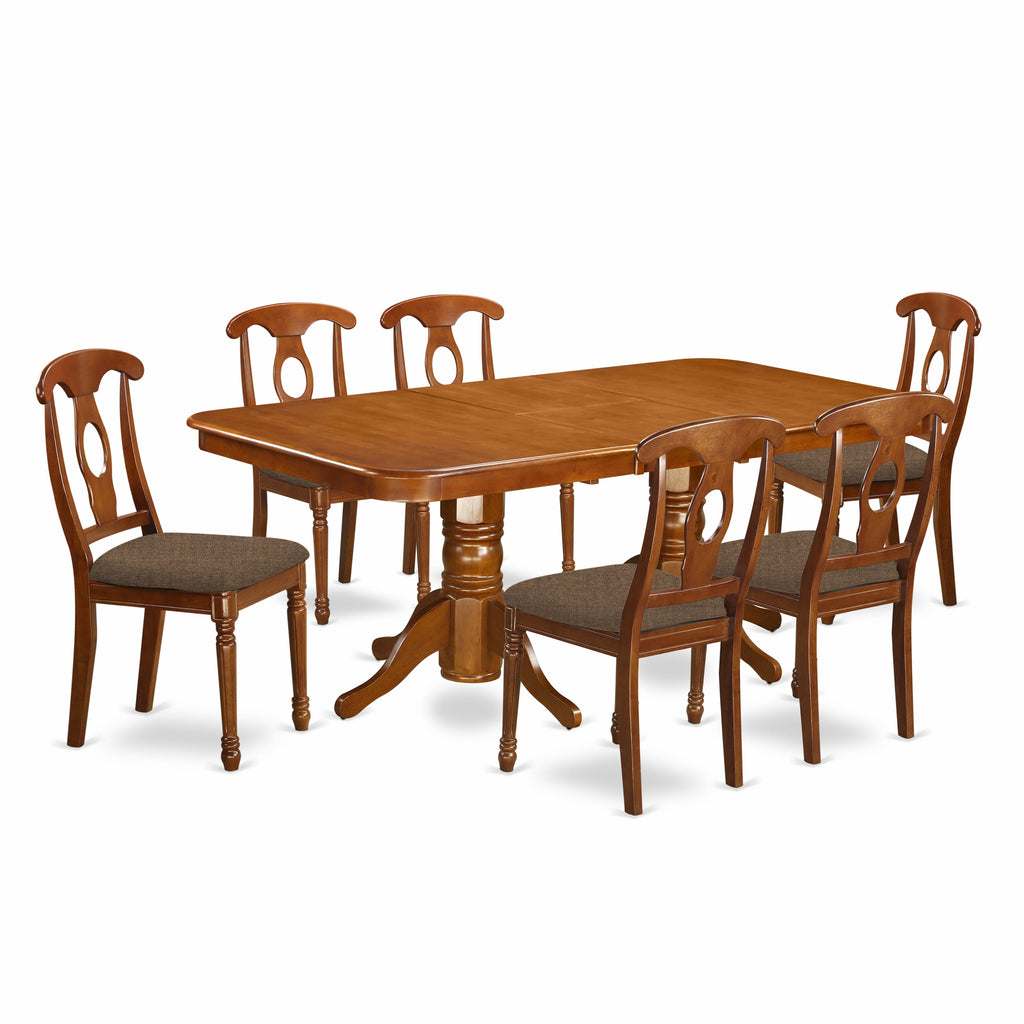 NANA7-249-C 7-Piece Dining Set Rectangular Table with Butterfly Feature & 6 Upholstered Seats, 40x78 in Warm Saddle Tone