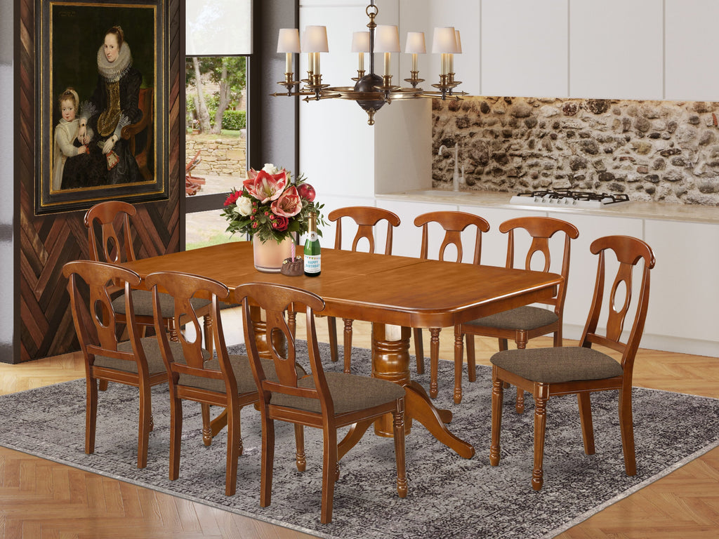 NANA9-ARI-Q 9-Piece Dining Suite with Expandable Table and 8 Linen Chairs, Saddle Brown, 40x78