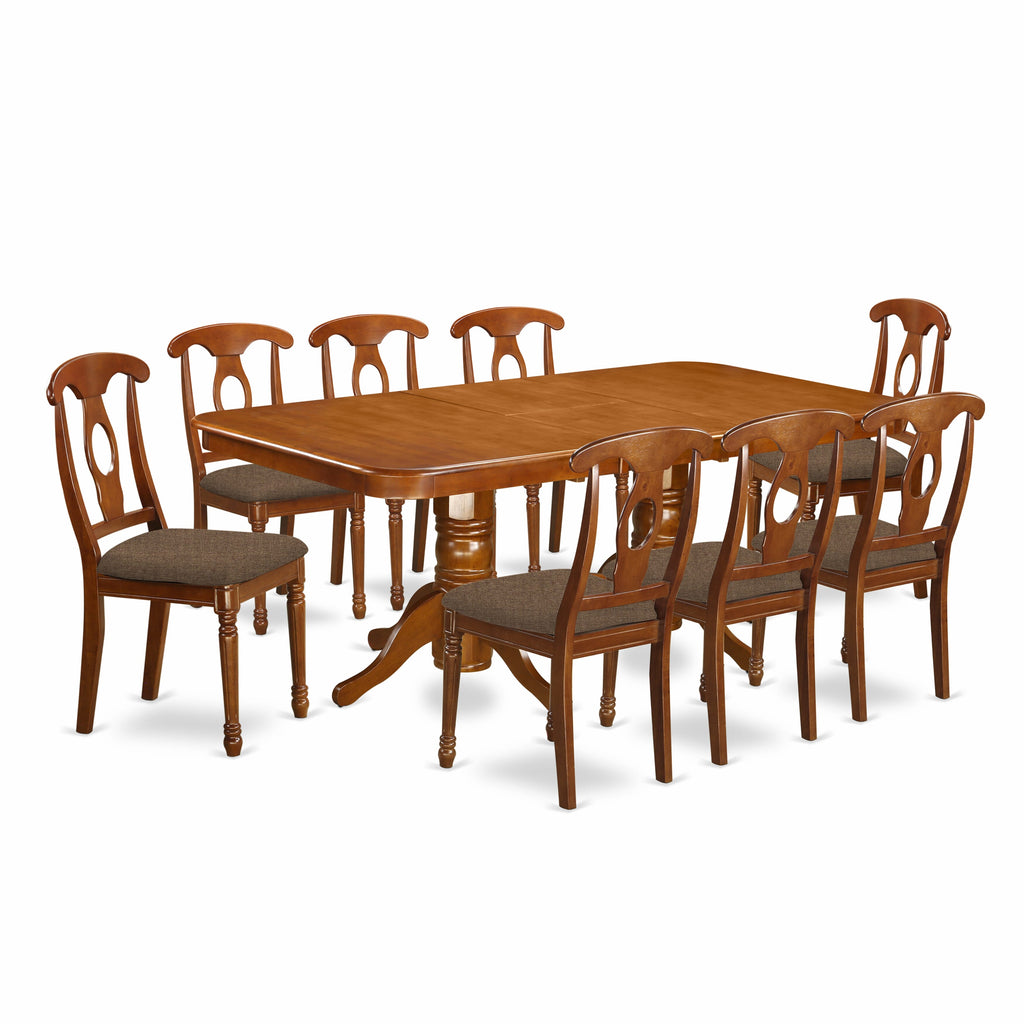 NANA9-ARI-Q 9-Piece Dining Suite with Expandable Table and 8 Linen Chairs, Saddle Brown, 40x78