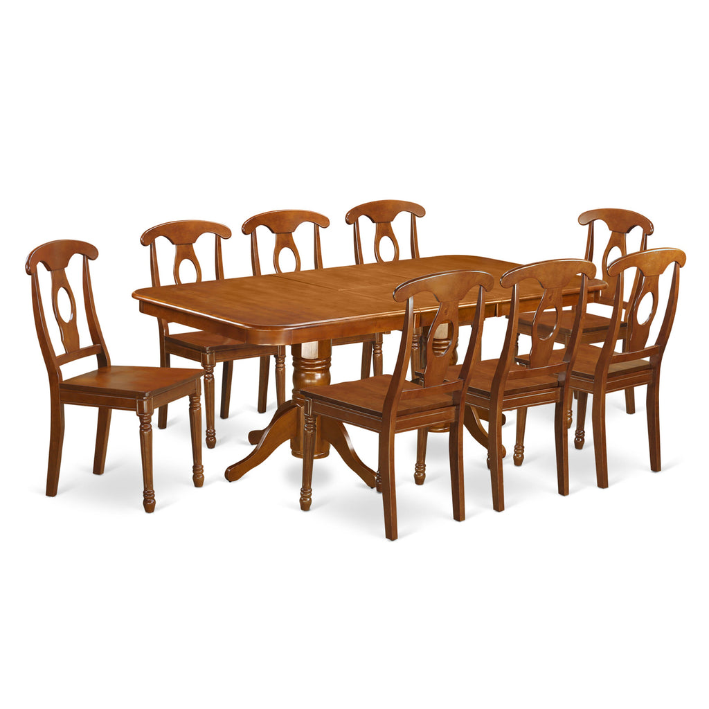 NANA9-S2C-I Elegant 9 Piece Dining Set Includes Extendable Table & 8 Wooden Seat Chairs, 40x78 Inches, Saddle Brown