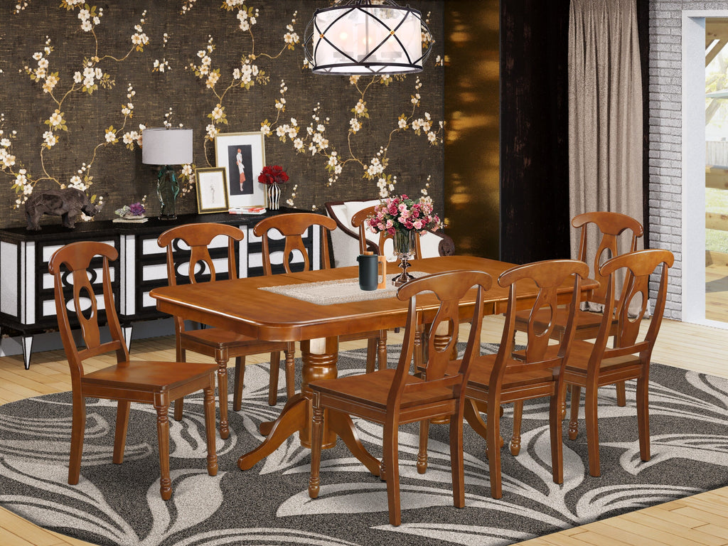NANA9-S2C-I Elegant 9 Piece Dining Set Includes Extendable Table & 8 Wooden Seat Chairs, 40x78 Inches, Saddle Brown