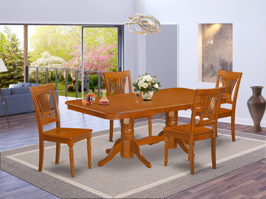 NAPL5-A7O-1 5-Piece Dining Set with Rectangle Table & Butterfly Leaf, Includes 4 Chairs, Saddle Brown Finish, 40x78 Inches