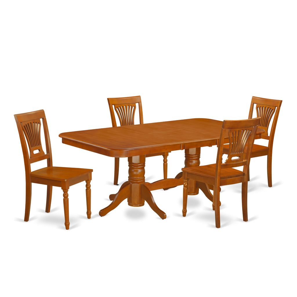NAPL5-A7O-1 5-Piece Dining Set with Rectangle Table & Butterfly Leaf, Includes 4 Chairs, Saddle Brown Finish, 40x78 Inches