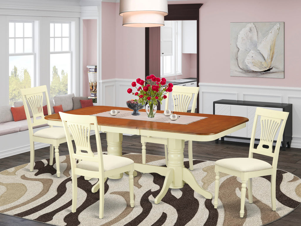 Dining Set NAPL5-TMY-Q 5pc Rectangular Table with Leaf and 4 Upholstered Chairs, Buttermilk & Cherry