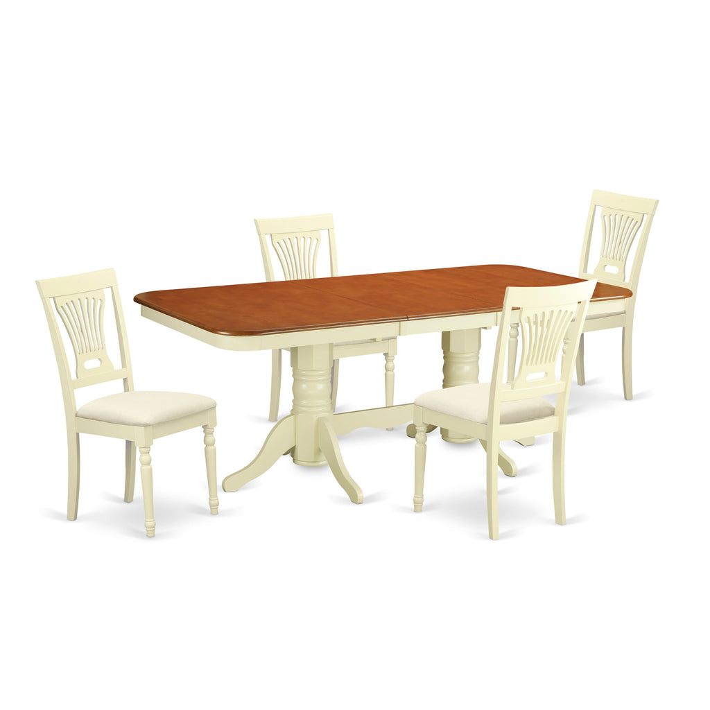 Dining Set NAPL5-TMY-Q 5pc Rectangular Table with Leaf and 4 Upholstered Chairs, Buttermilk & Cherry