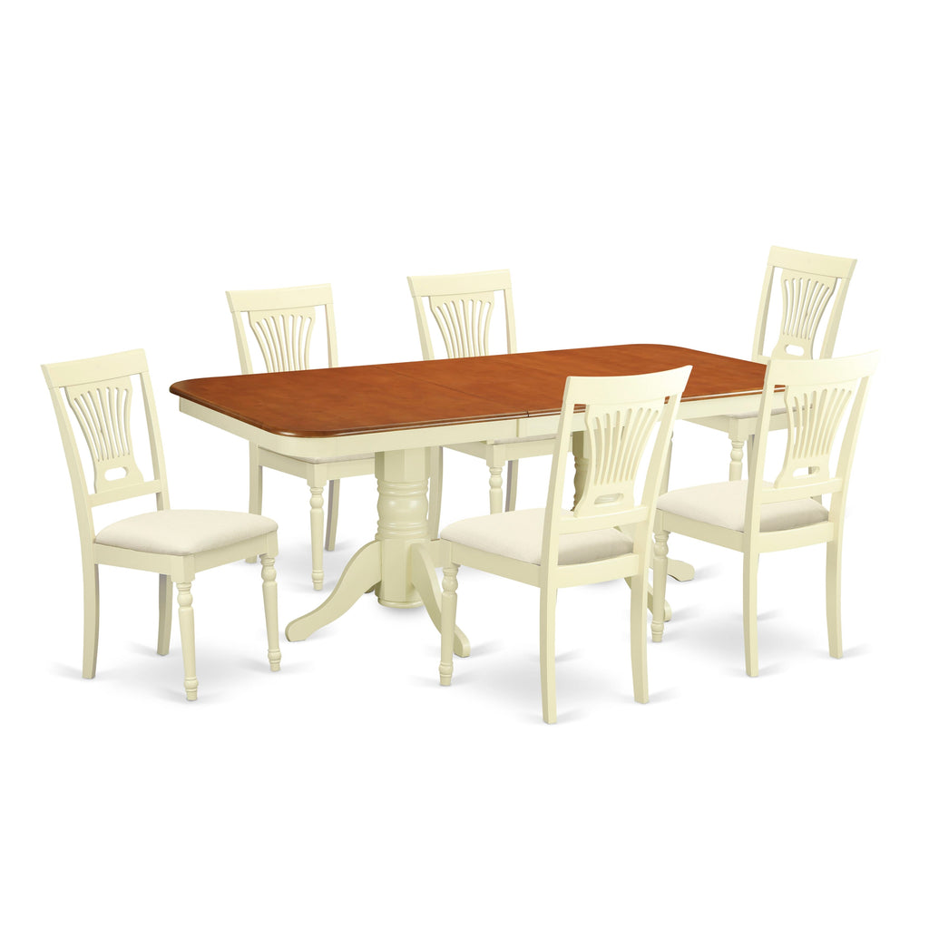 NAPL7-AIN-8 7-Piece Rectangular Dining Set with Butterfly Leaf and Linen Chairs in Buttermilk & Warm Cherry