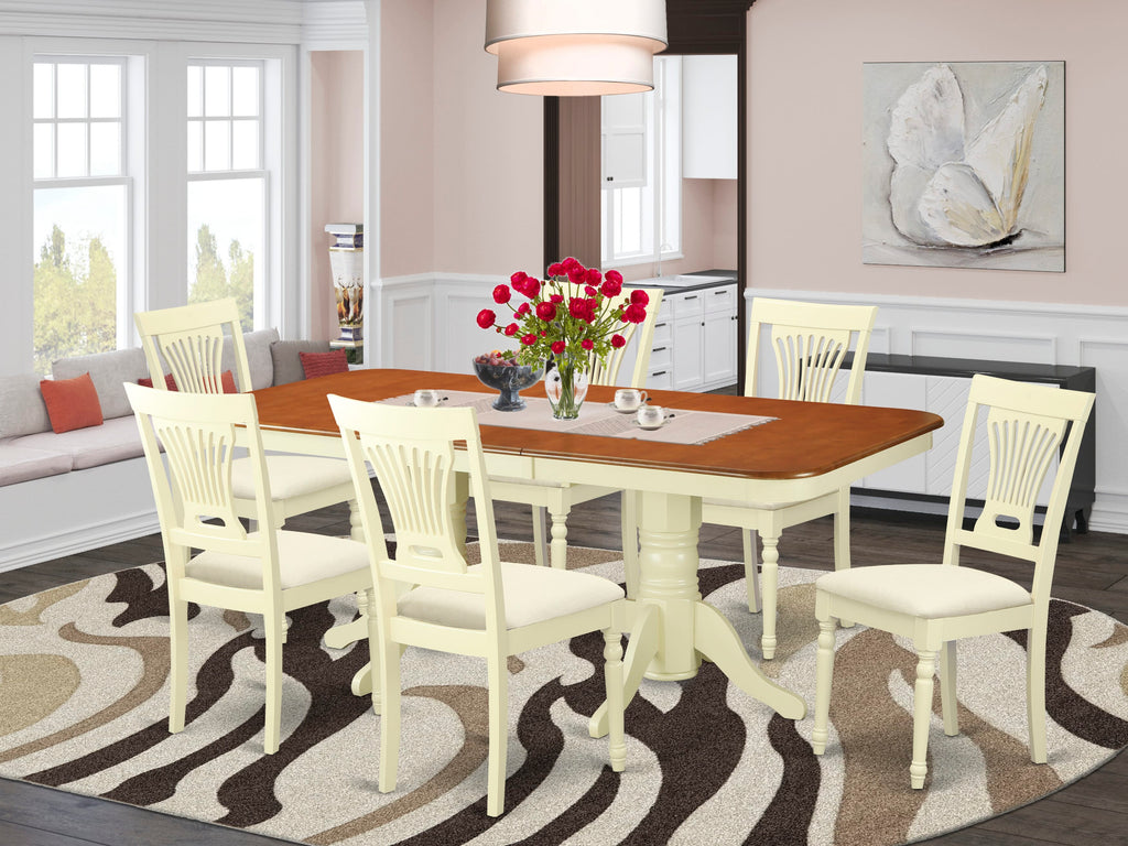 NAPL7-AIN-8 7-Piece Rectangular Dining Set with Butterfly Leaf and Linen Chairs in Buttermilk & Warm Cherry