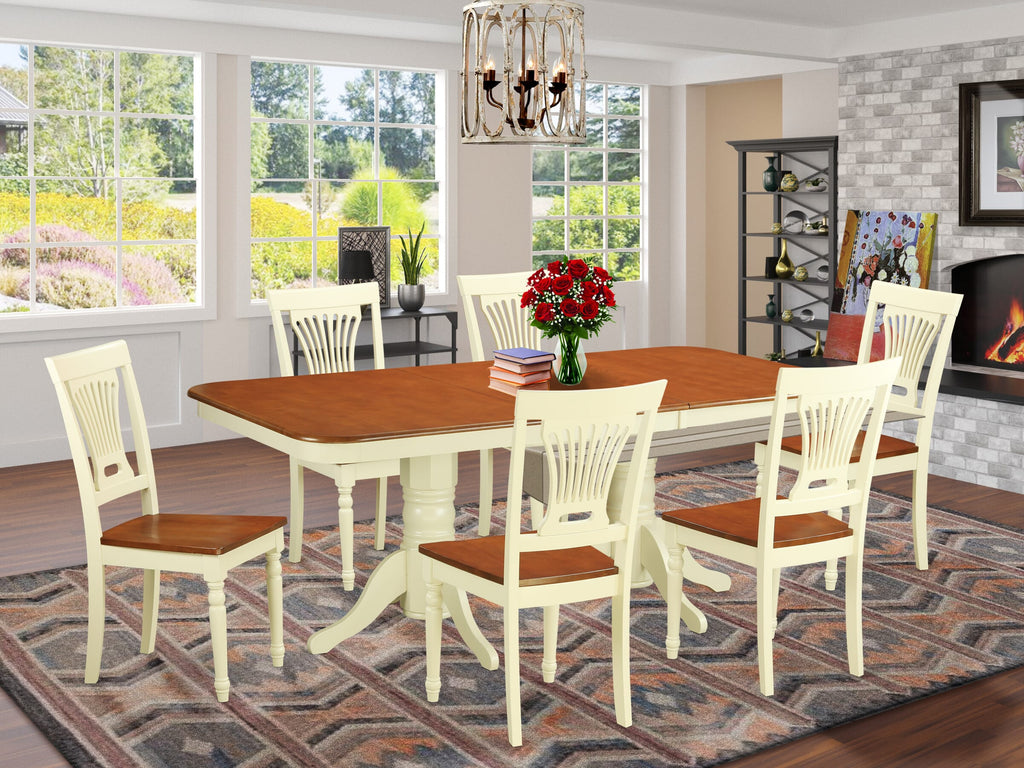 NAPL7-SVM-1 Dining Ensemble Expansive Wooden Table with Butterfly Leaf and Six Elegant Chairs, 40x78