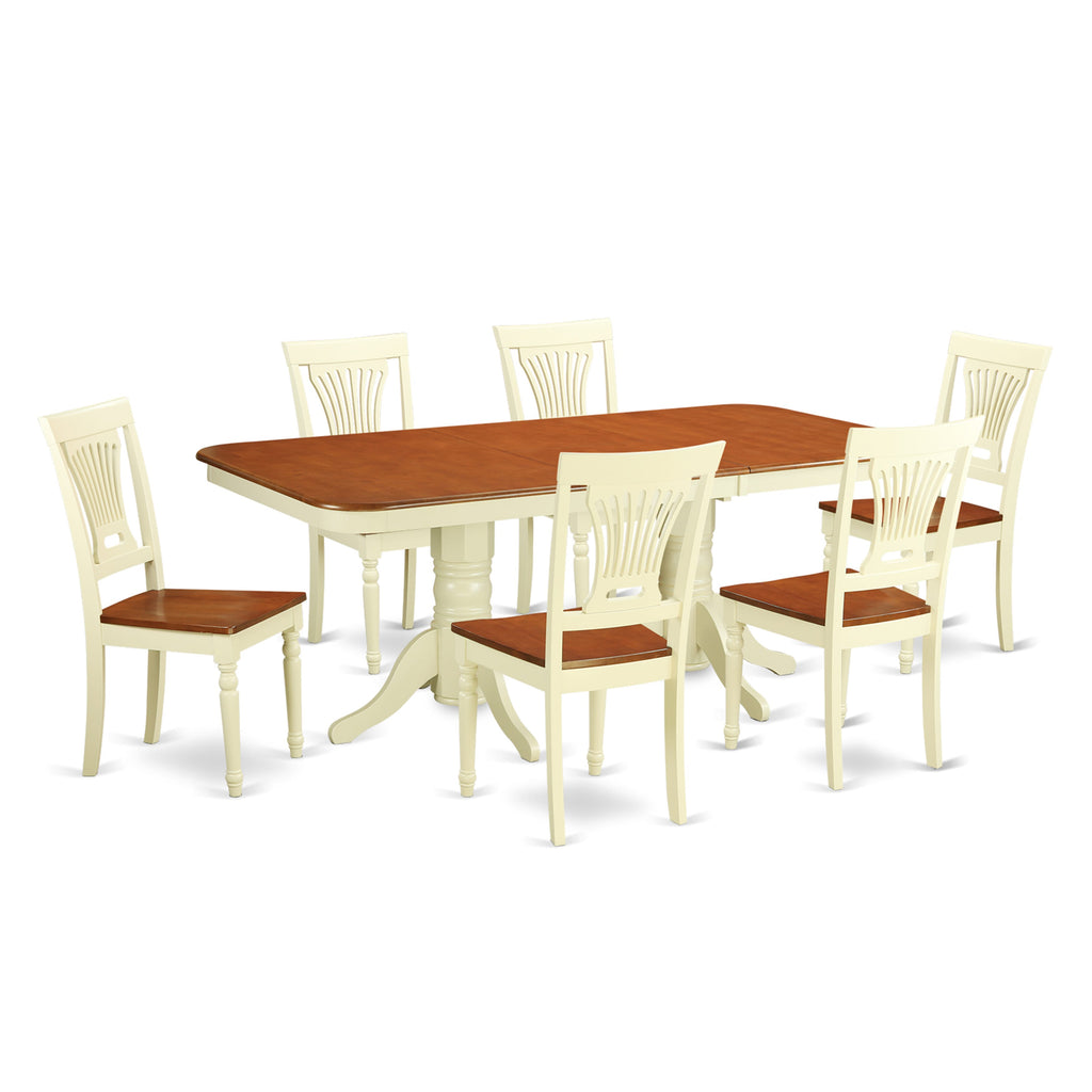 NAPL7-SVM-1 Dining Ensemble Expansive Wooden Table with Butterfly Leaf and Six Elegant Chairs, 40x78