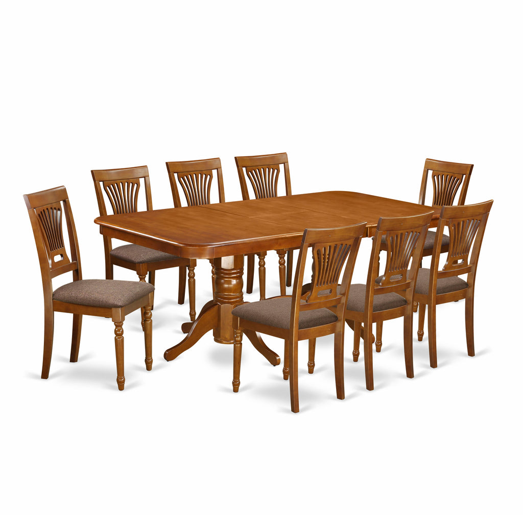 NAPL9-8R7-J 9-Piece Dining Ensemble Elegant Dining Table with Extension Leaf and Upholstered Chairs, Saddle Brown Finish, 40x78