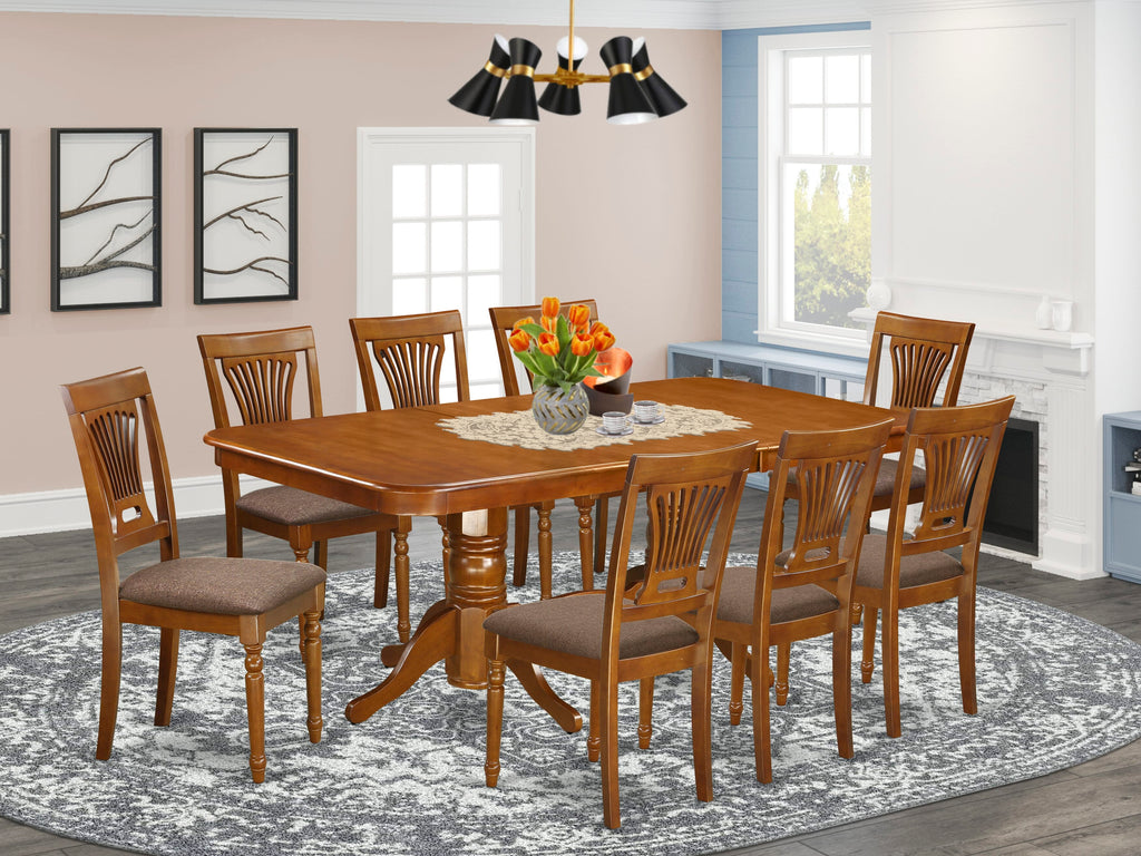 NAPL9-8R7-J 9-Piece Dining Ensemble Elegant Dining Table with Extension Leaf and Upholstered Chairs, Saddle Brown Finish, 40x78