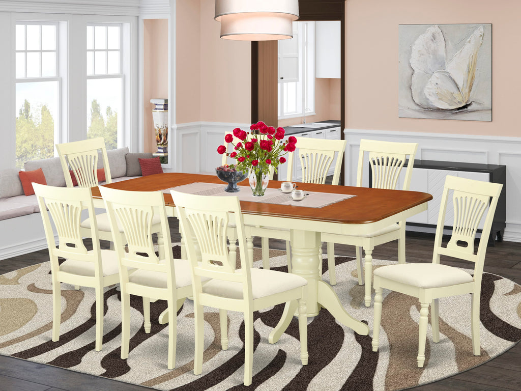 NAPL9-ZYA-O 9-Piece Dining Ensemble Spacious Table with Leaf & 8 Linen Seats, Buttermilk & Cherry Accents