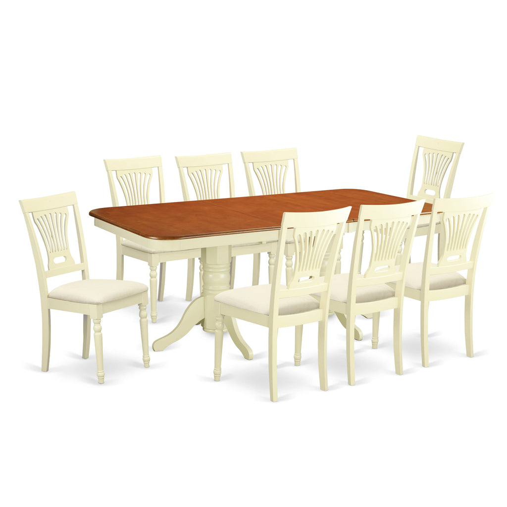 NAPL9-ZYA-O 9-Piece Dining Ensemble Spacious Table with Leaf & 8 Linen Seats, Buttermilk & Cherry Accents