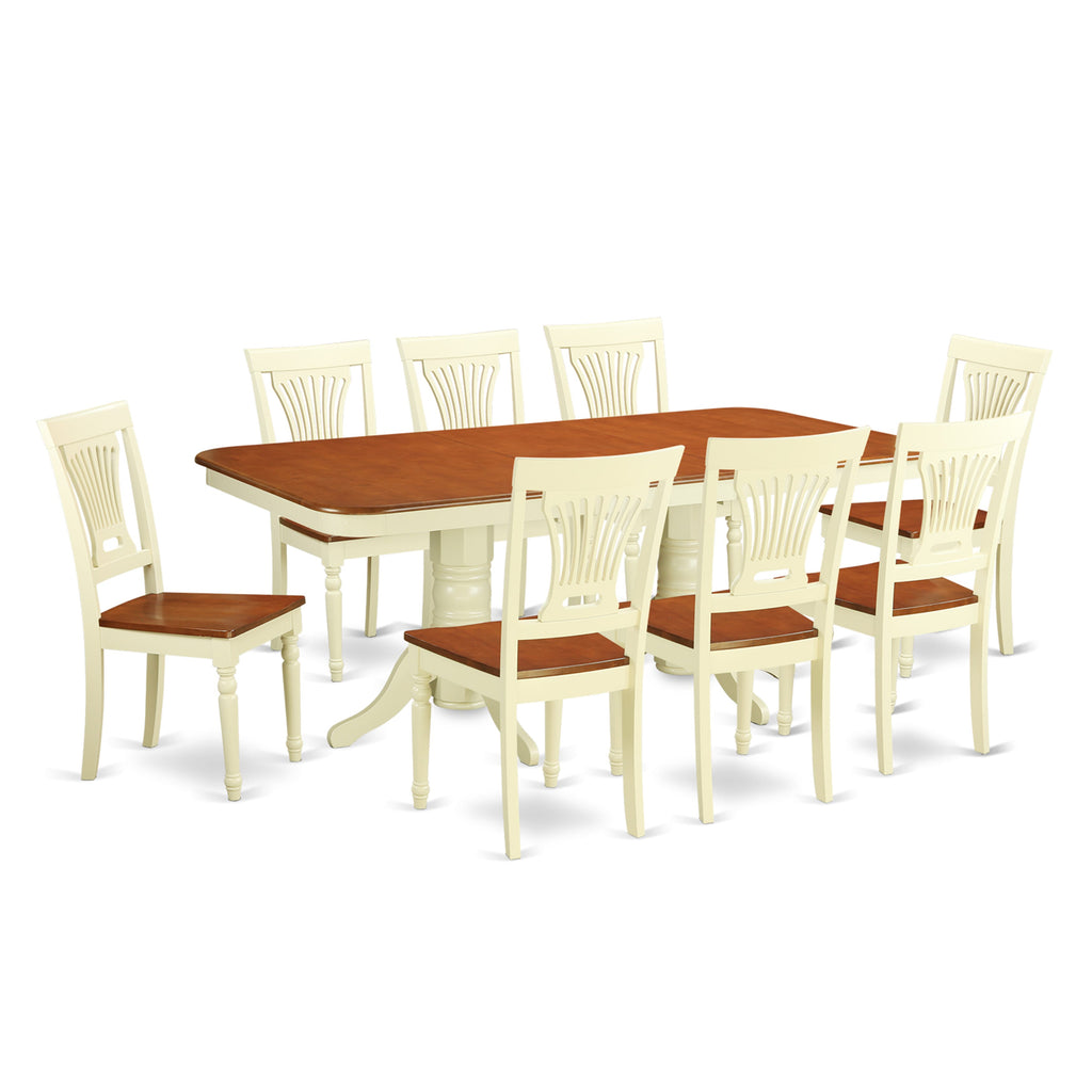 NAPL9-0FS-E 9-Piece Dining Ensemble Rectangular Table with Extension and 8 Wooden Chairs, Buttermilk & Cherry